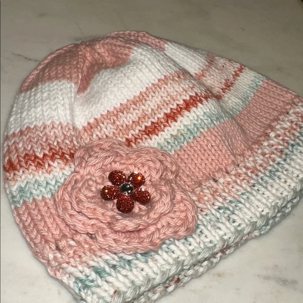 Charming Pink and White Kids Beanie with Flower Accent